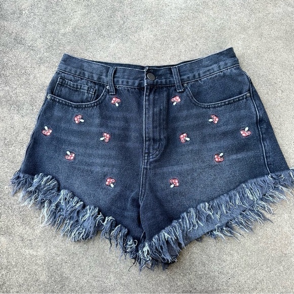 Simple Society Mushroom Embroidered Jean Shorte - Picture 1 of 5